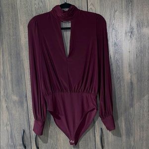 Dark Purple, Long Sleeve, Bodysuit, V-Neck